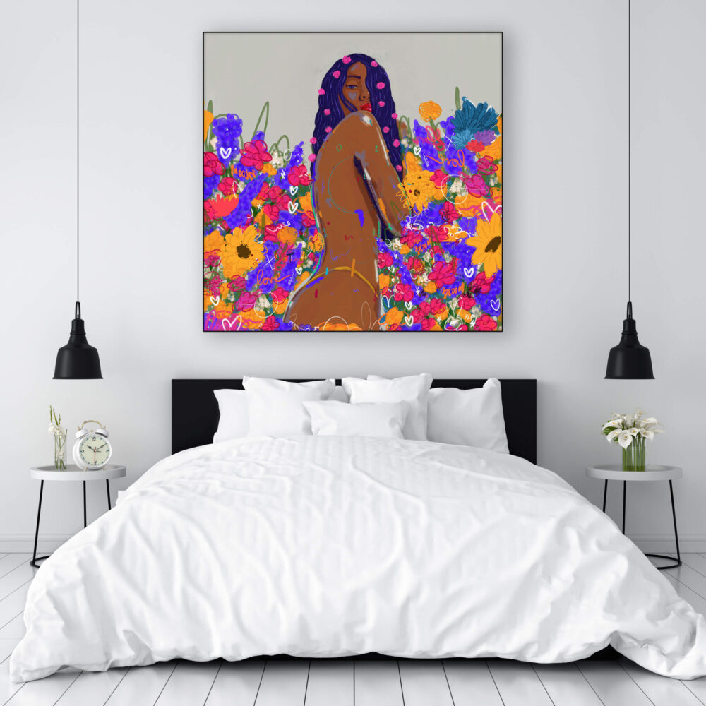 Extra large colorful pop art of nude Black woman hangs above white bed