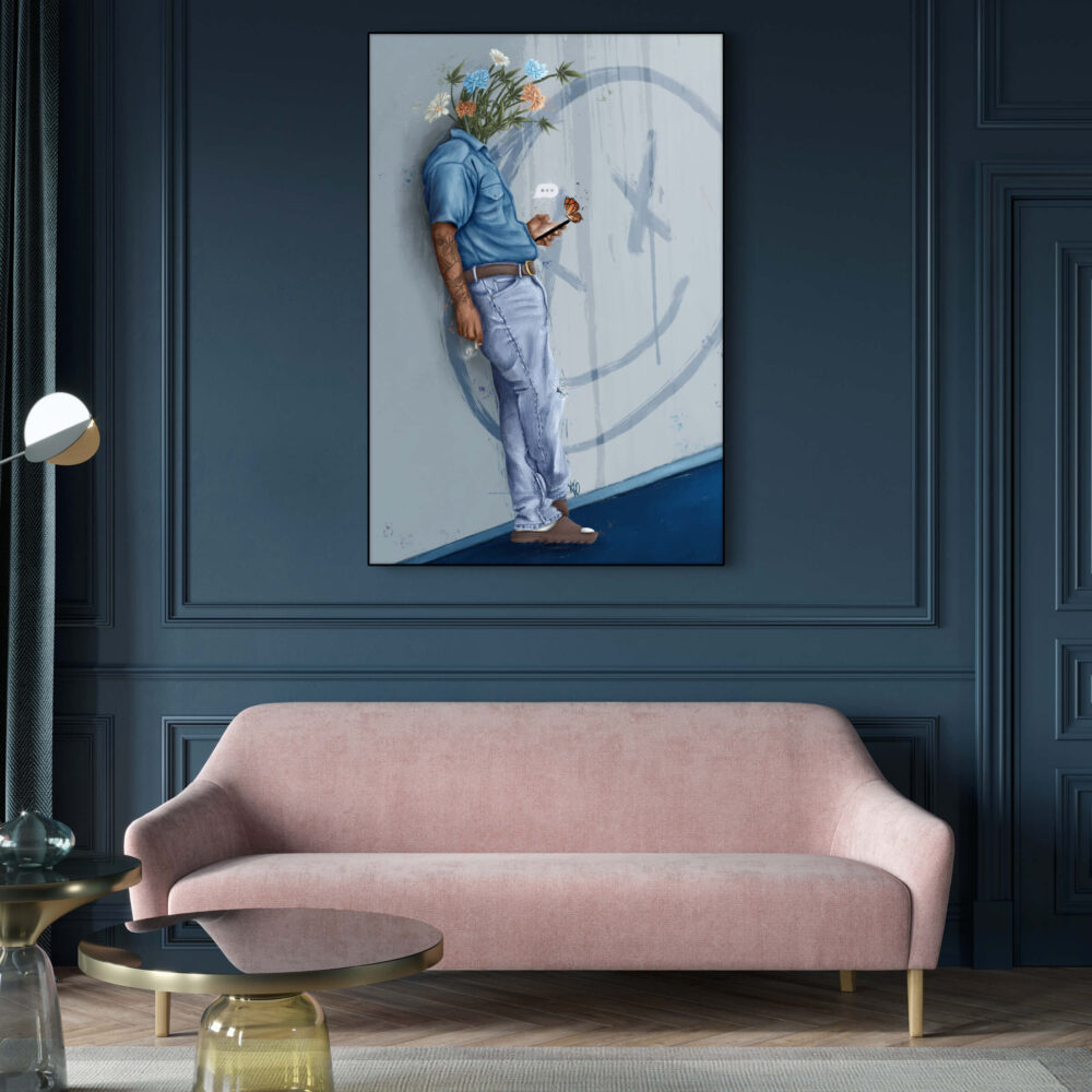 Massive painting of black man wearing blue with wild flowers for head hangs in blue living room.