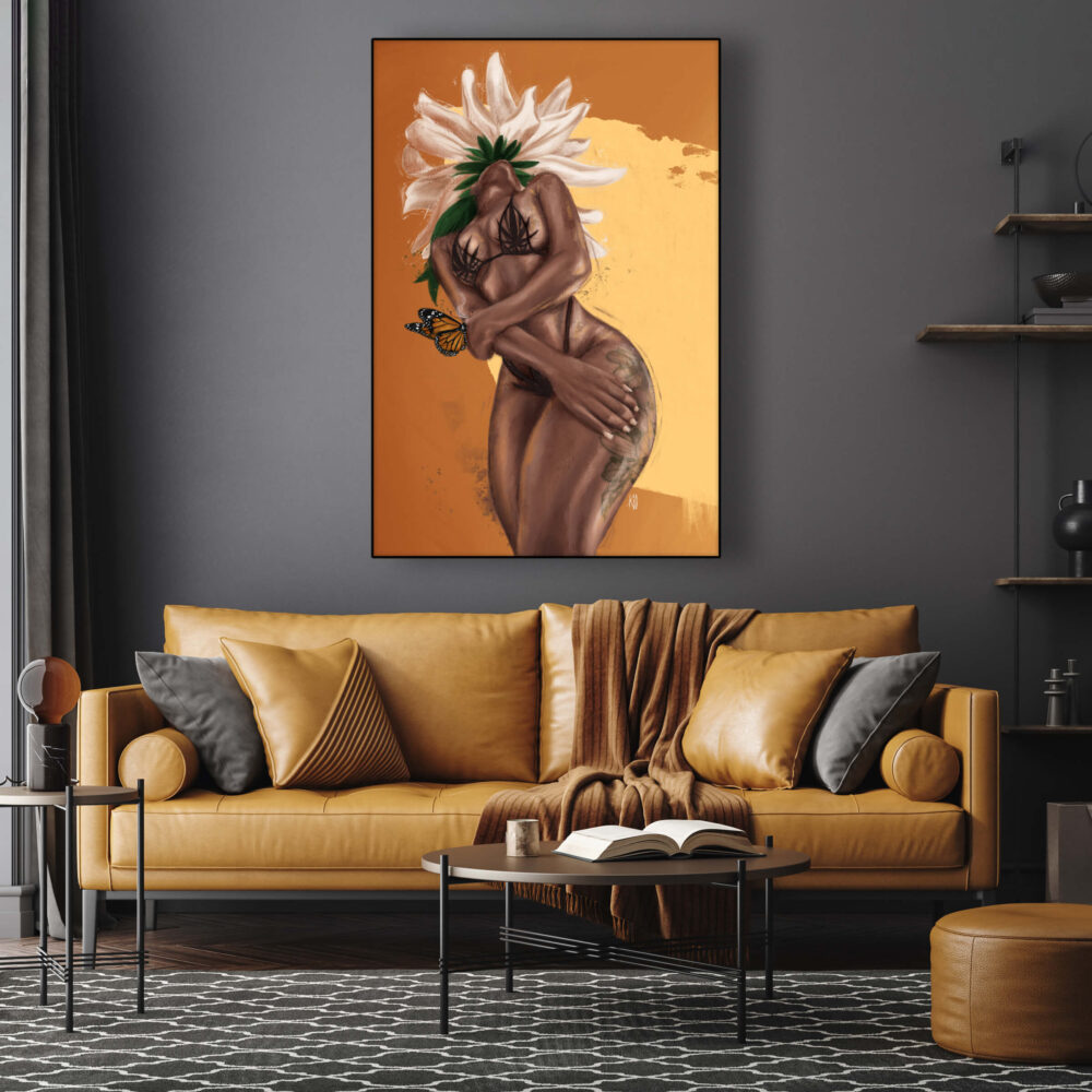 Massive vertical painting of black woman in lingerie hangs in living room