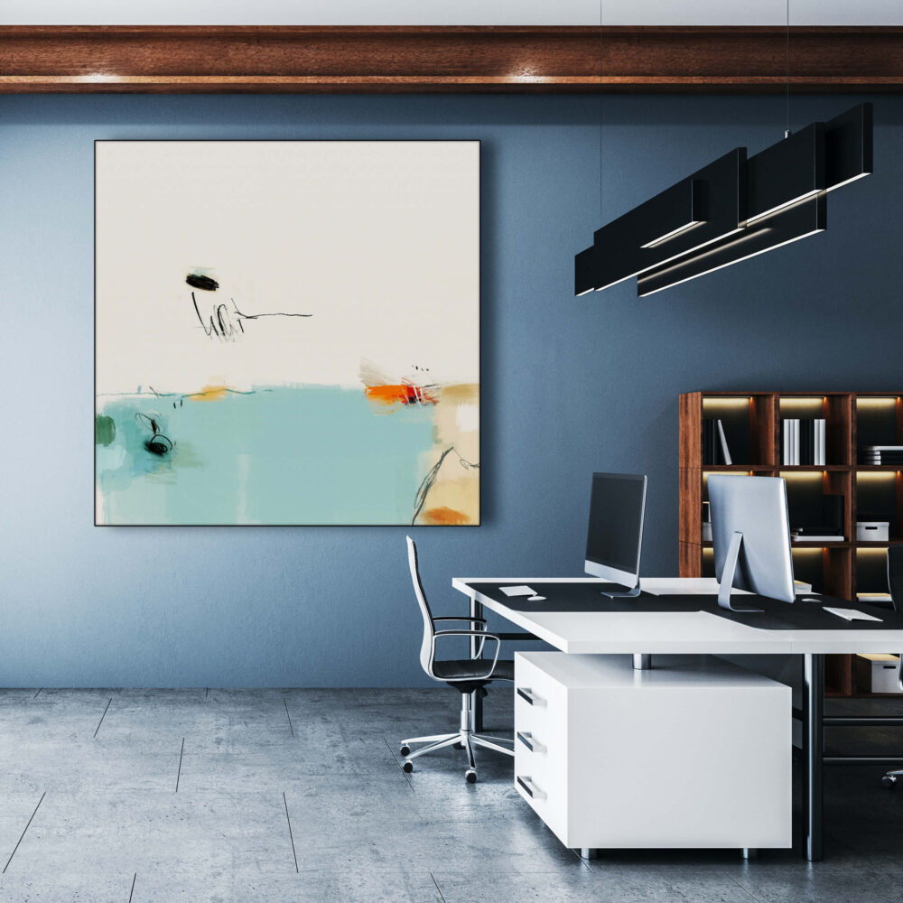 Extra large blue and white abstract wall art hangs on blue wall in office space