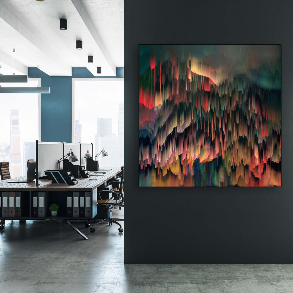 Extra large abstract colorful office wall art hangs on black wall in office.