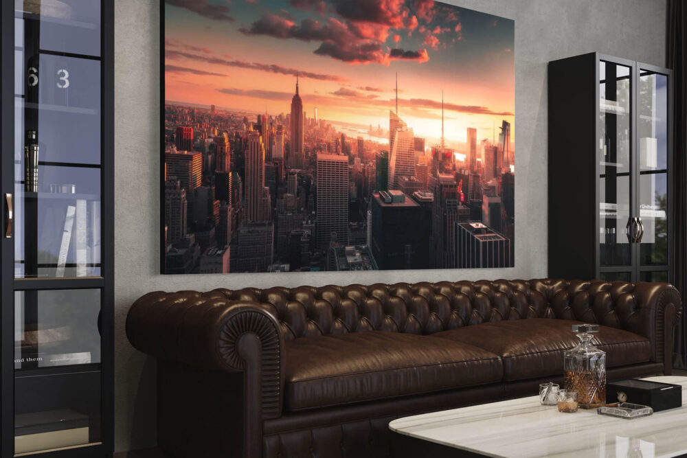Huge photo of sunset over Chicago skyline hangs on neutral wall above brown leather couch between two black book shelves in apartment living room.