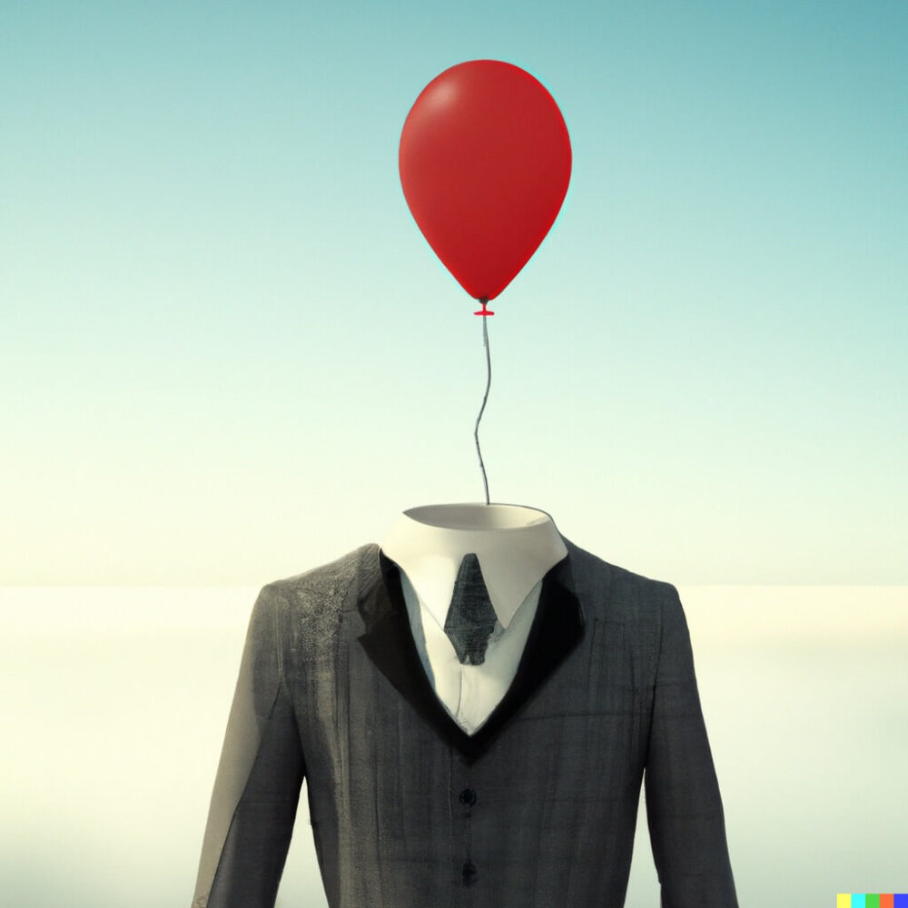 Surreal Image Generated by AI of Man's Torso in Black Pinstripe Suit with a Red Balloon Instead of a Head and a light blue sky background