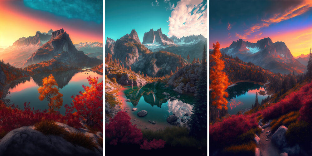 Three variations of one image of the Alpine mountains edited to have different vibrant color variations, mountain shapes, and sources of light. All involve variations of vibrant reds and blues.