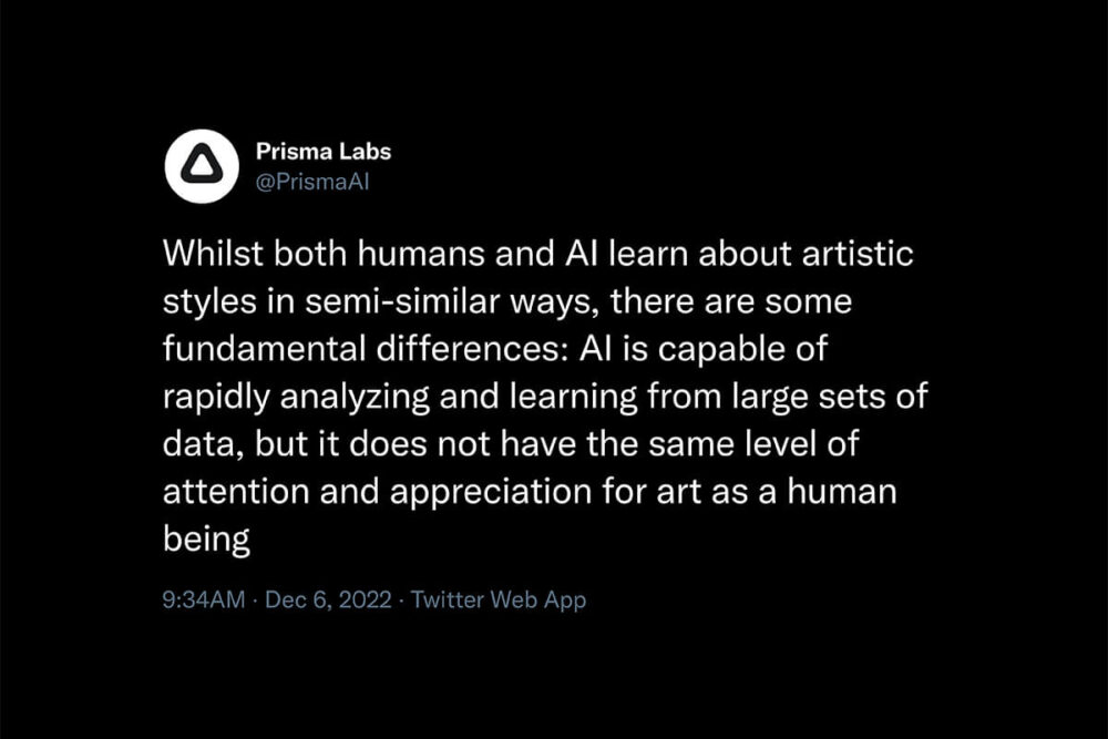 Expert on all things AI, Prisma Labs Tweet about the differences between AI and human art and why artists don't need to fear replacement from AI.