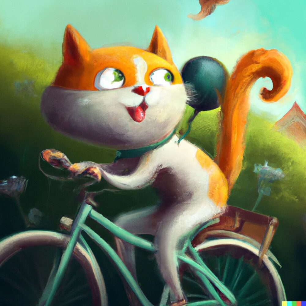 AI generated image of an orange and white cat riding a bike while smiling