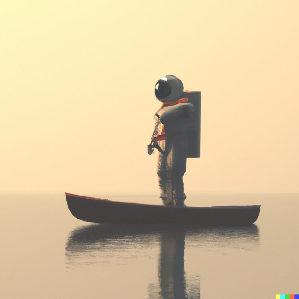 AI image of astronaut standing in a tiny boat with a plain hazy yellow background