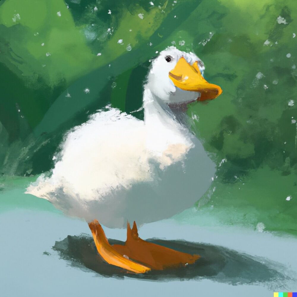 Low-quality painting of happy white duck created by AI