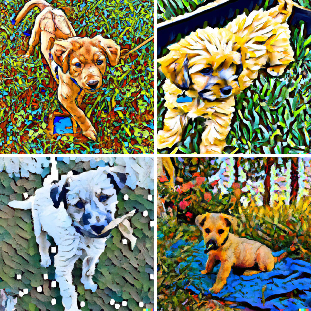 Van Gogh painting style collage of four small light colored puppies generated by AI