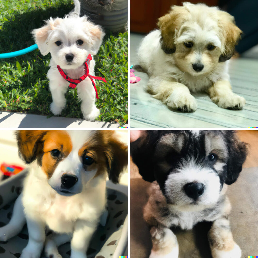 Realistic looking collage of four small light colored puppies generated by AI