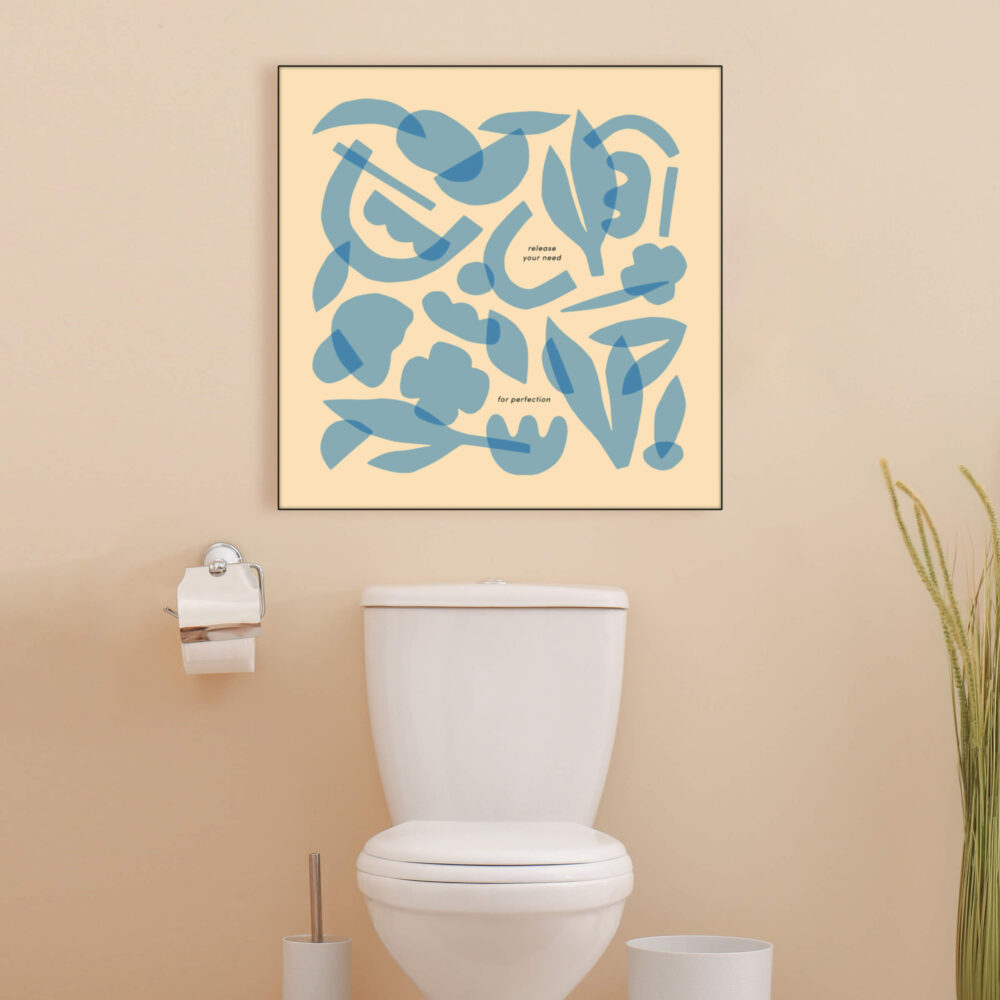 Extra large square print with blue abstract shapes hangs on bathroom wall above toilet.