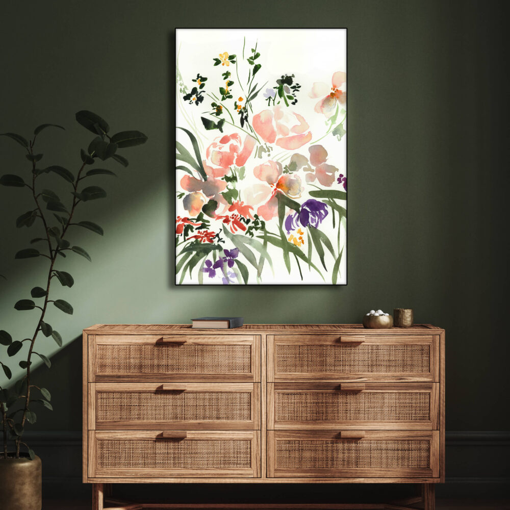 Abstract floral watercolor painting hangs on dark sage green wall above wooden dresser in modern bedroom.