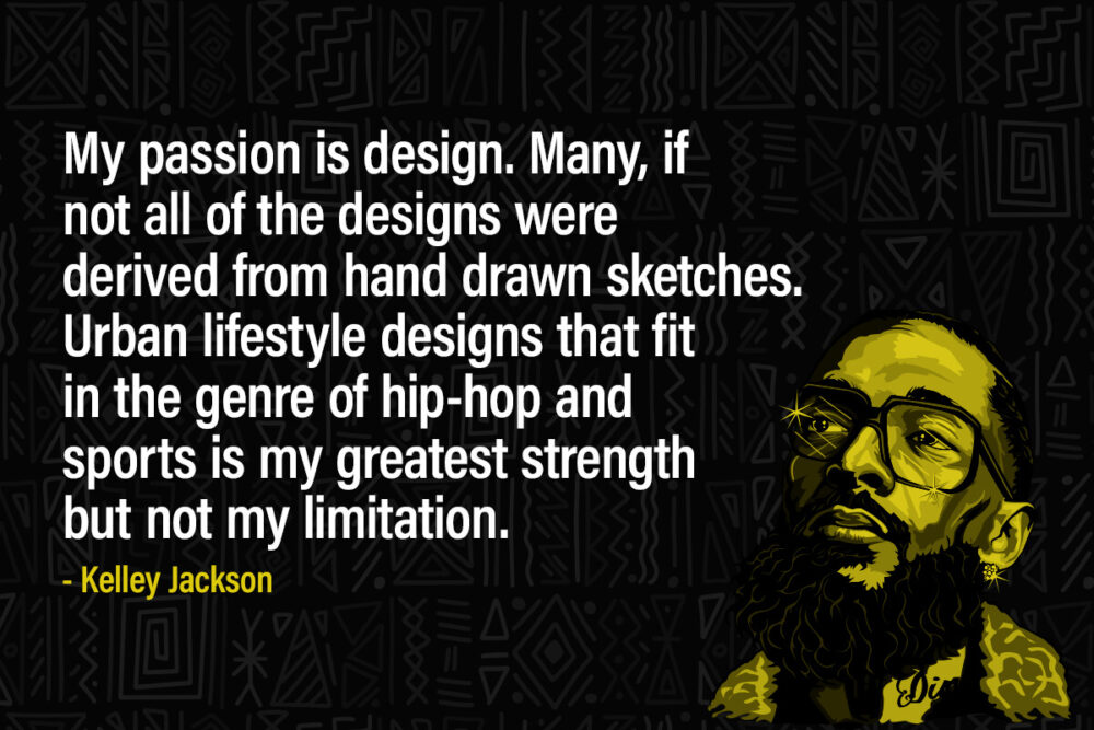 Image of artist created by Kelley Jackson as an avatar for himself with yellow filter next to quote in white describing how he creates his art.