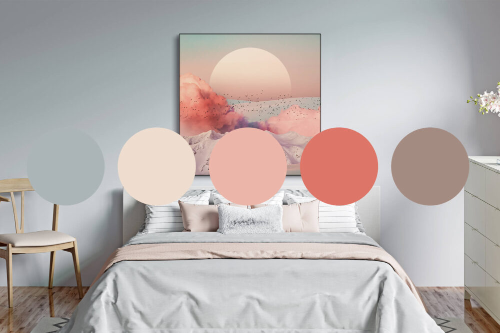 Five bubbles of color, blue, tans, and pink, set the color scheme for warm pastel decorated bedroom