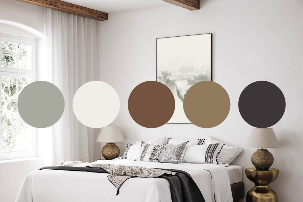 Five bubbles of color in varying shades of white from tan to grey set the color scheme for soft white bedroom.
