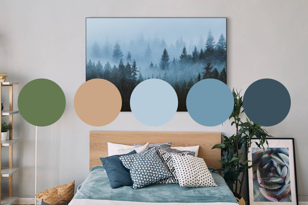 Five bubbles of color ranging from green to tan to different shades of blue set the color scheme for neutral blue and green bedroom.
