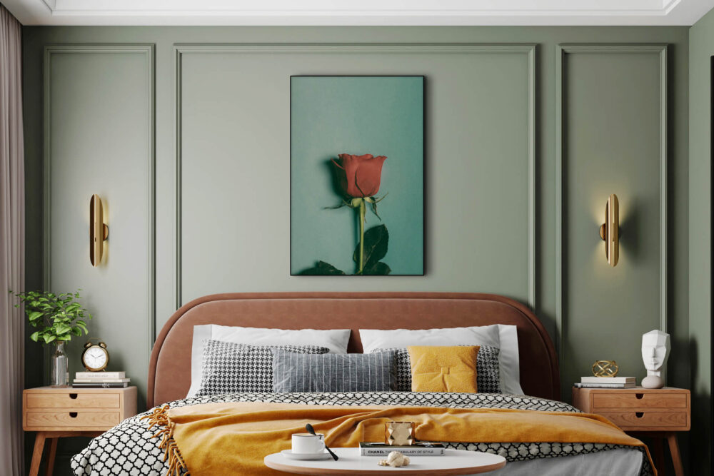 Oversized blue boho wall art of vintage rose hanging in bedroom