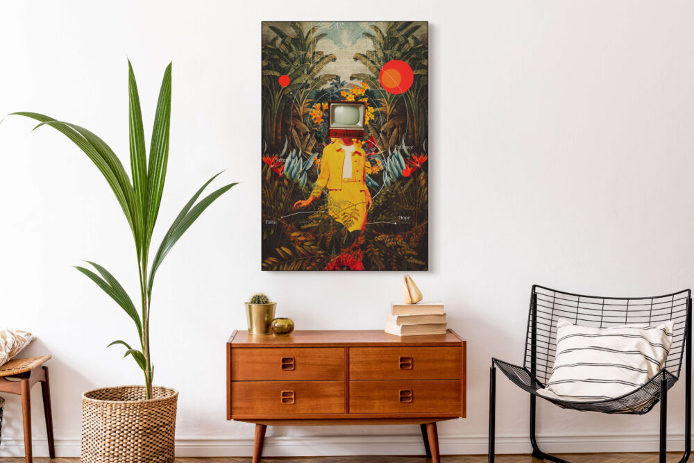 Vintage-style surreal portrait of people walking through a jungle with a old TV for a head hangs on white wall above walnut colored side table.