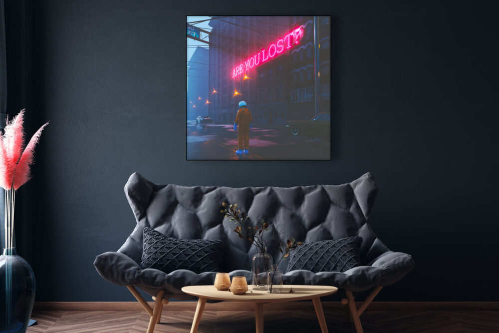 Dark and moody lonely astronaut hangs on black wall above black couch in manly living room.