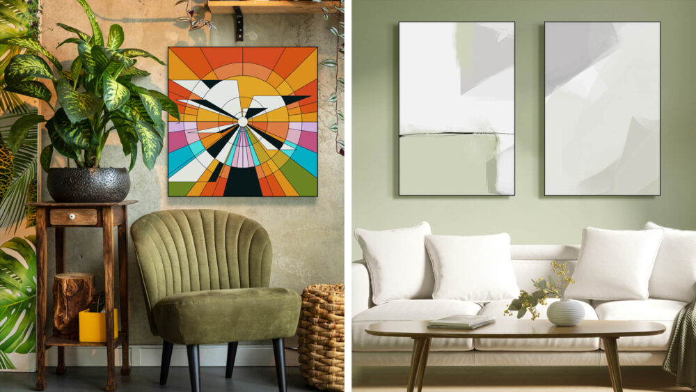 Side by side comparisons of living rooms showcase the difference between maximalist and minimalist art styles. On the left, a colorful maximalist artwork with geometric shapes is featured alongside an olive green velvet chair and green leafy plants, while the right image features a white couch, light sage green walls, and two light green, white, and light grey abstract pieces of minimalist art.