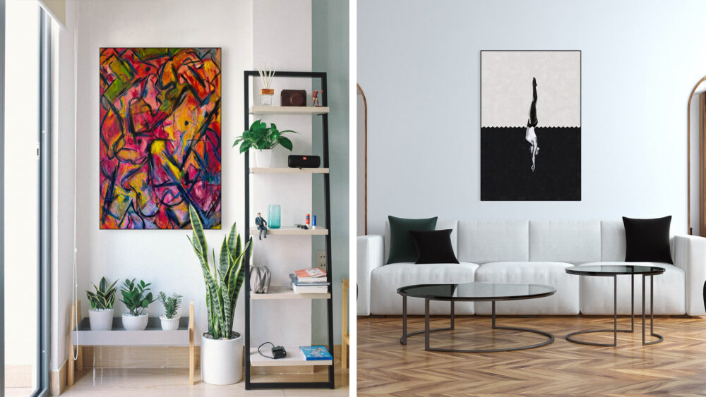 two rooms displayed side by side comparing colorful maximalist to black and white minimalist styles.
