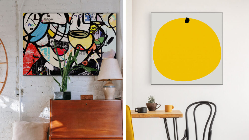 Two contrasting decorating styles are showcased side by side in kitchen dining areas, featuring a bold maximalist graffiti piece and a minimalist abstract yellow circle piece