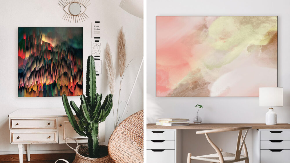 Maximalist vs minimalist home offices compared side by side. The left features 'A Moment Made of Glass' by Jamison Gish, with a cluttered counter and decorative items. The right has a tidy white desk with a pink and tan abstract art piece above.