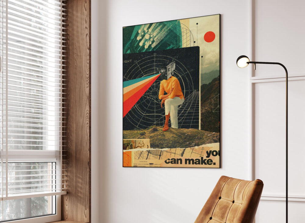 A large eclectic vintage wall art featuring a person with an old video camera instead of a head and a retro feeling rainbow in teal, cream, orange, and red coming out of the lens brings interest and nostalgia to a modern living room, complemented by a black floor lamp and a modern brown leather chair in the corner.