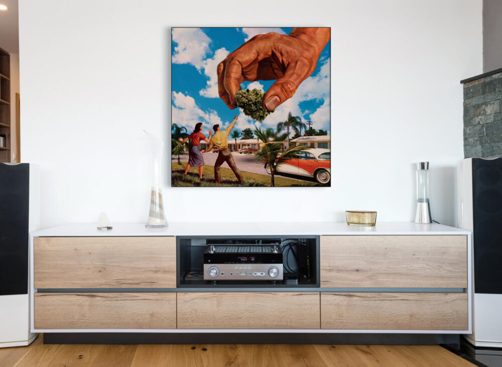 Large stoner art set in 1950's suburban with hang of God handing a nug of weed down to a terrified couple hangs on living room wall above entertainment center.