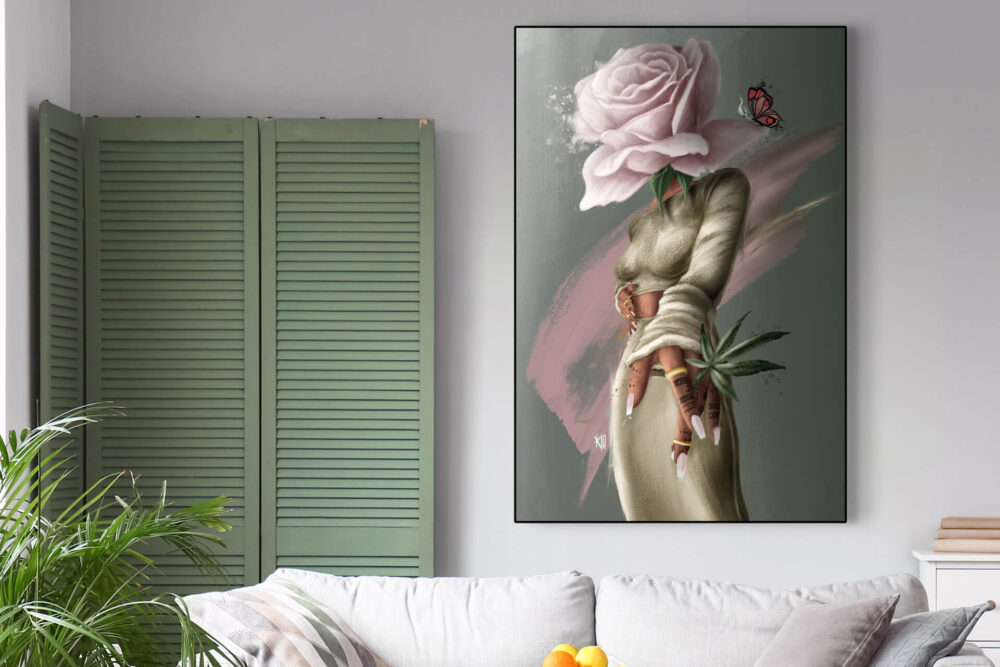 Oversized horizontal painting of black woman smoking with green background hangs above couch in living room
