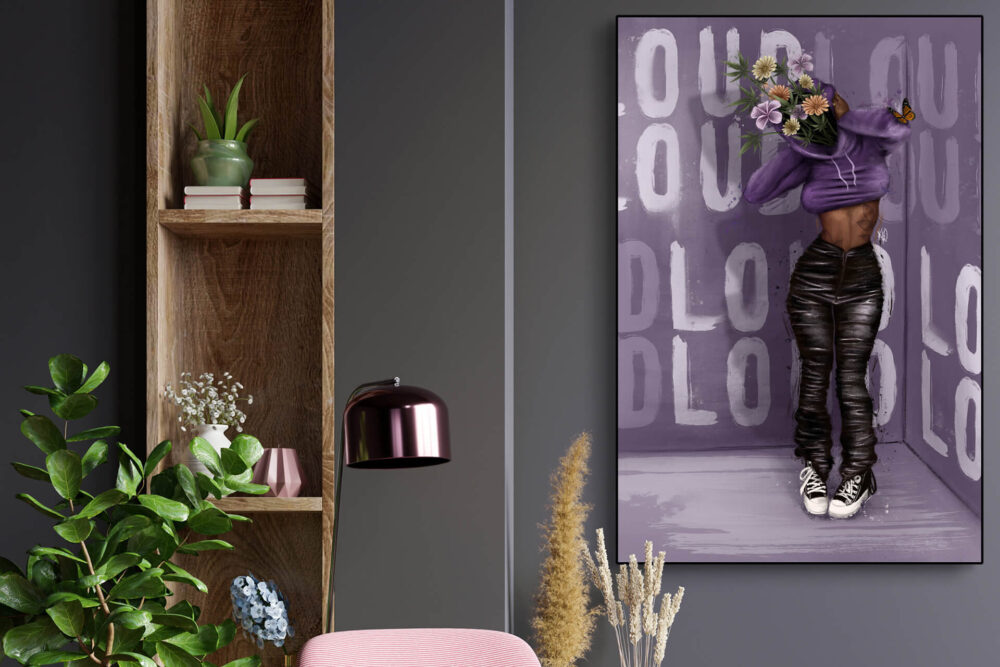 Oversized wall art of black woman with wildflowers instead of a head covering her ears with purple background hangs in living room