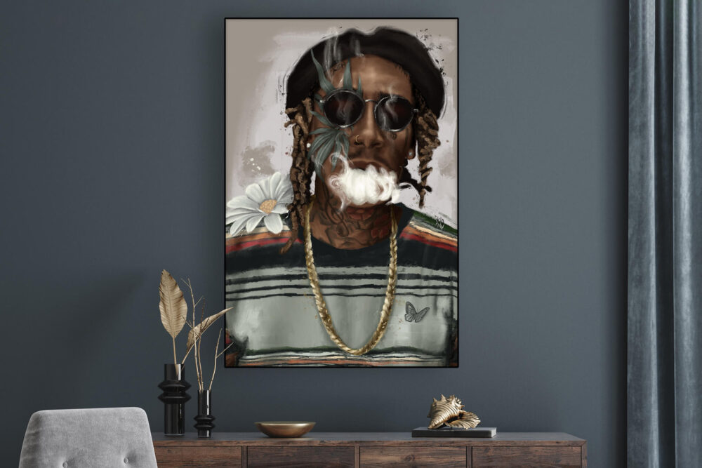 Extra large horizontal painting of Wiz Kalifa blowing out a cloud of smoke hangs above sideboard on blue wall in living room.