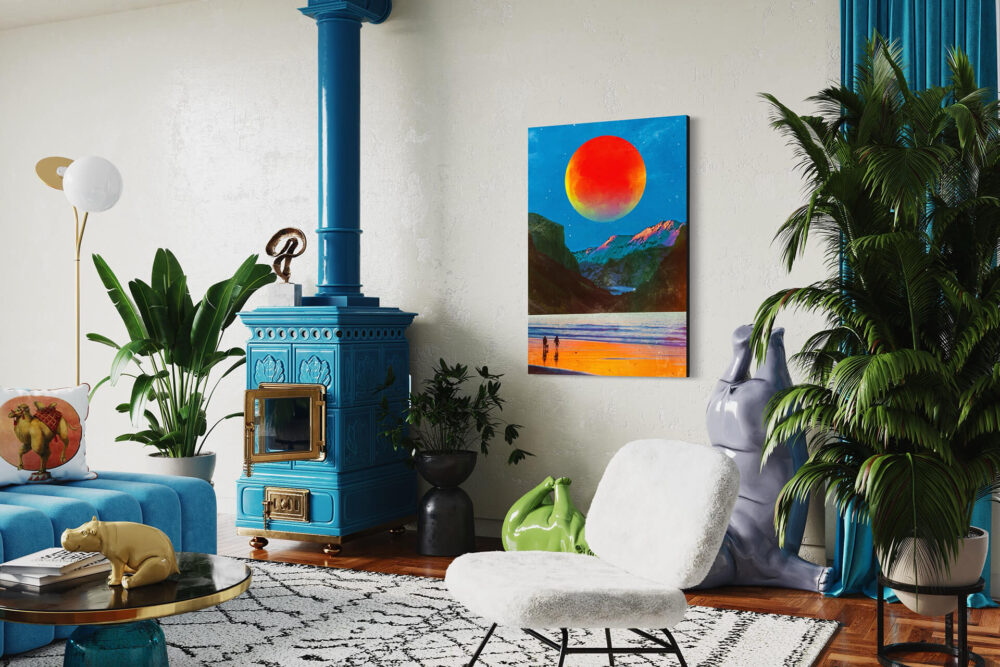 Large contemporary wall art in red, blue, and orange hangs next to blue pellet stove in cozy boho living room.