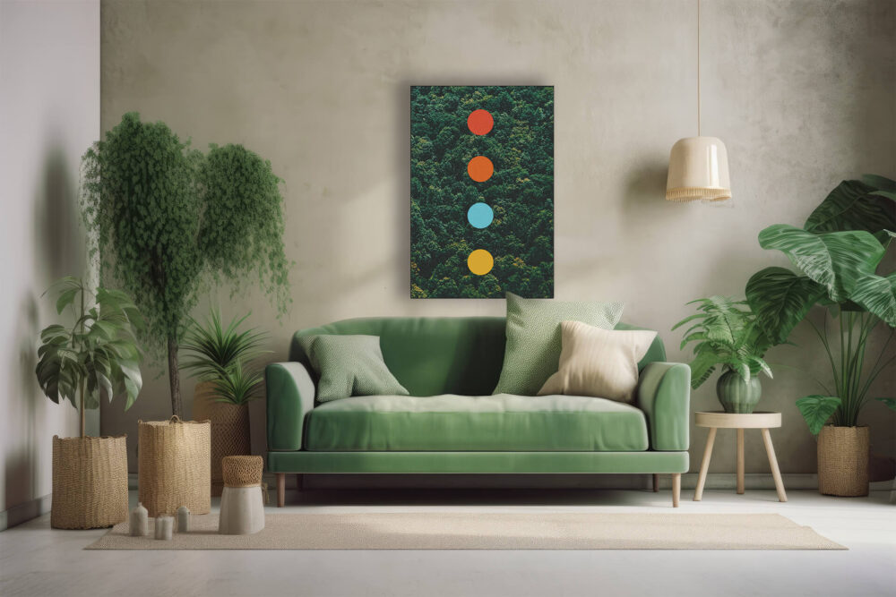 A large boho wall art featuring a photo of treetops with 4 colored circles going down the middle in red, orange, aqua, and yellow in a modern living room with a green couch and 5 of indoor plants on the sides of the couch