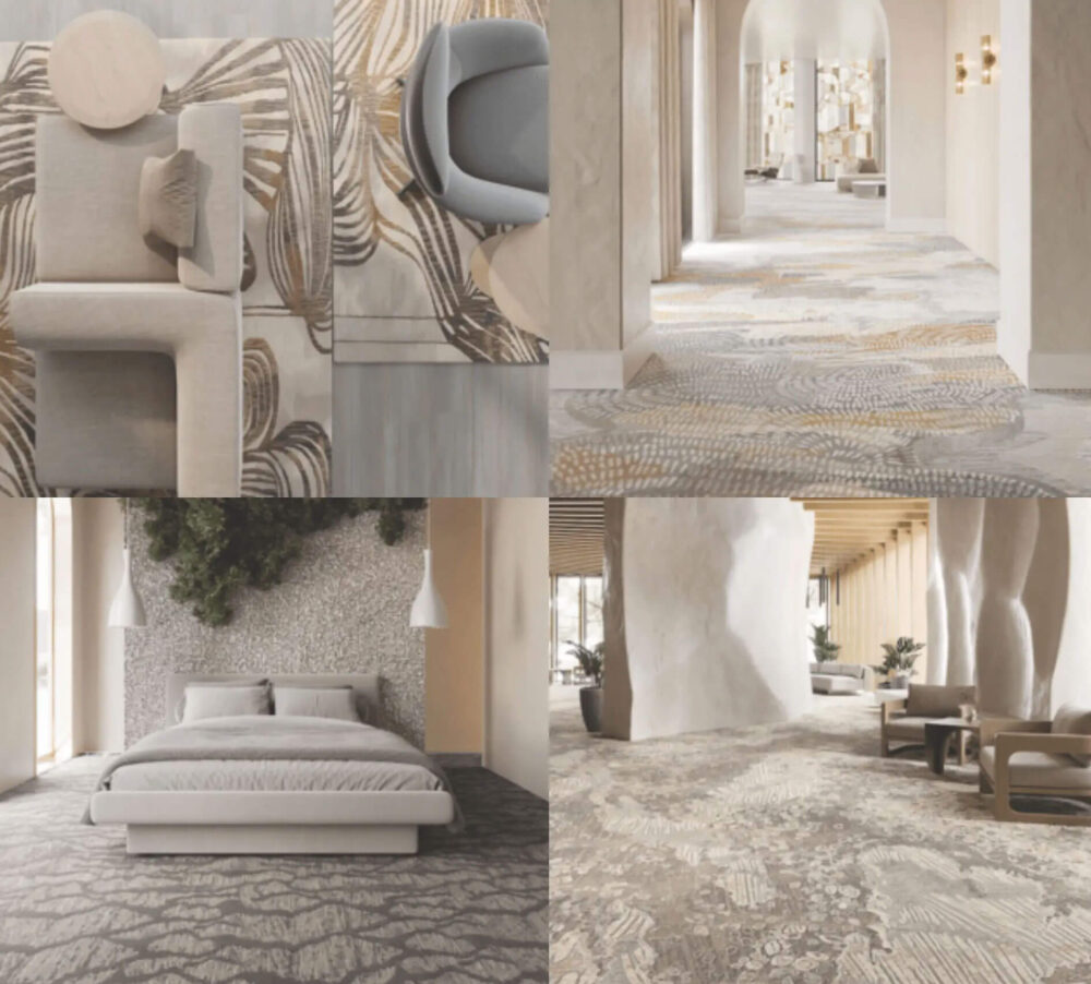 4 Image Gallery in light neutral tans and beige showing mushroom inspired rugs on the floor of various room settings.