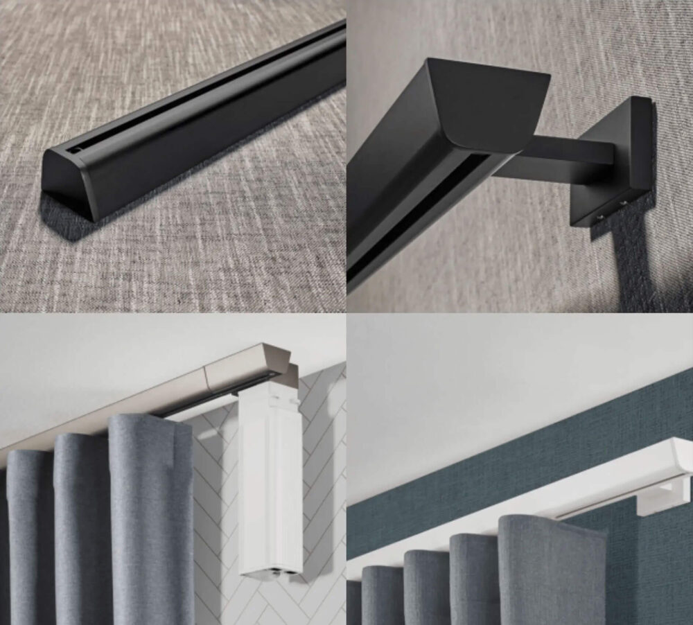 Gallery of 4 images showing contemporary drapery hardware in different colors hanging on the wall with different pleat style curtains hanging off of it.