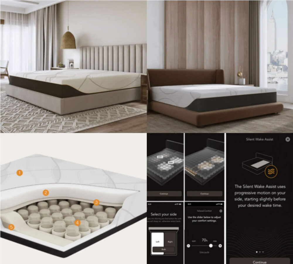 Gallery of 4 images of bed showing it staged in bedrooms as well as how the technology works.