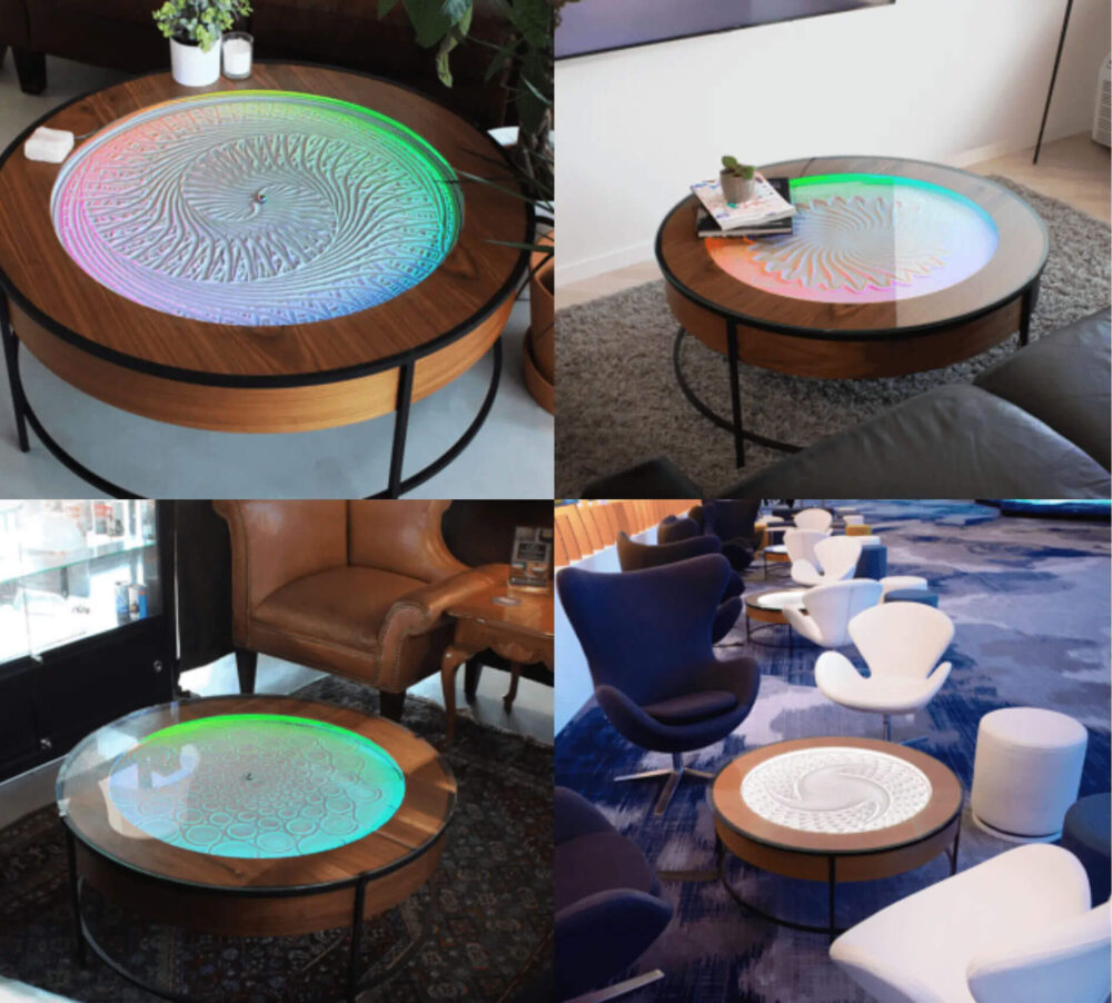 Gallery of 4 images showing various angles and zoom perspectives of kinetic art coffee table while it is lite in rainbow colored lights and centered in a modern living room.