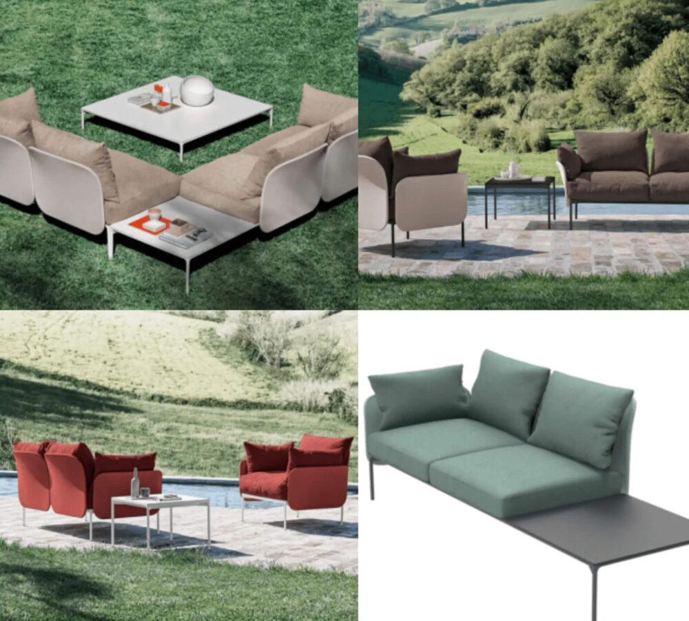 Gallery of 4 images showing different angles and colors of outdoor group seating in different patios and outdoor settings.