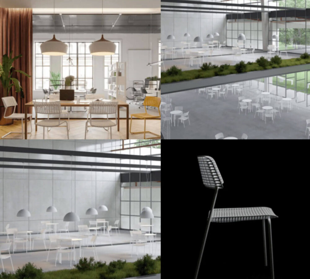 Gallery of 4 images showing individual dining chairs and then staged dining rooms featuring the chairs in neutral and white themed spaces.