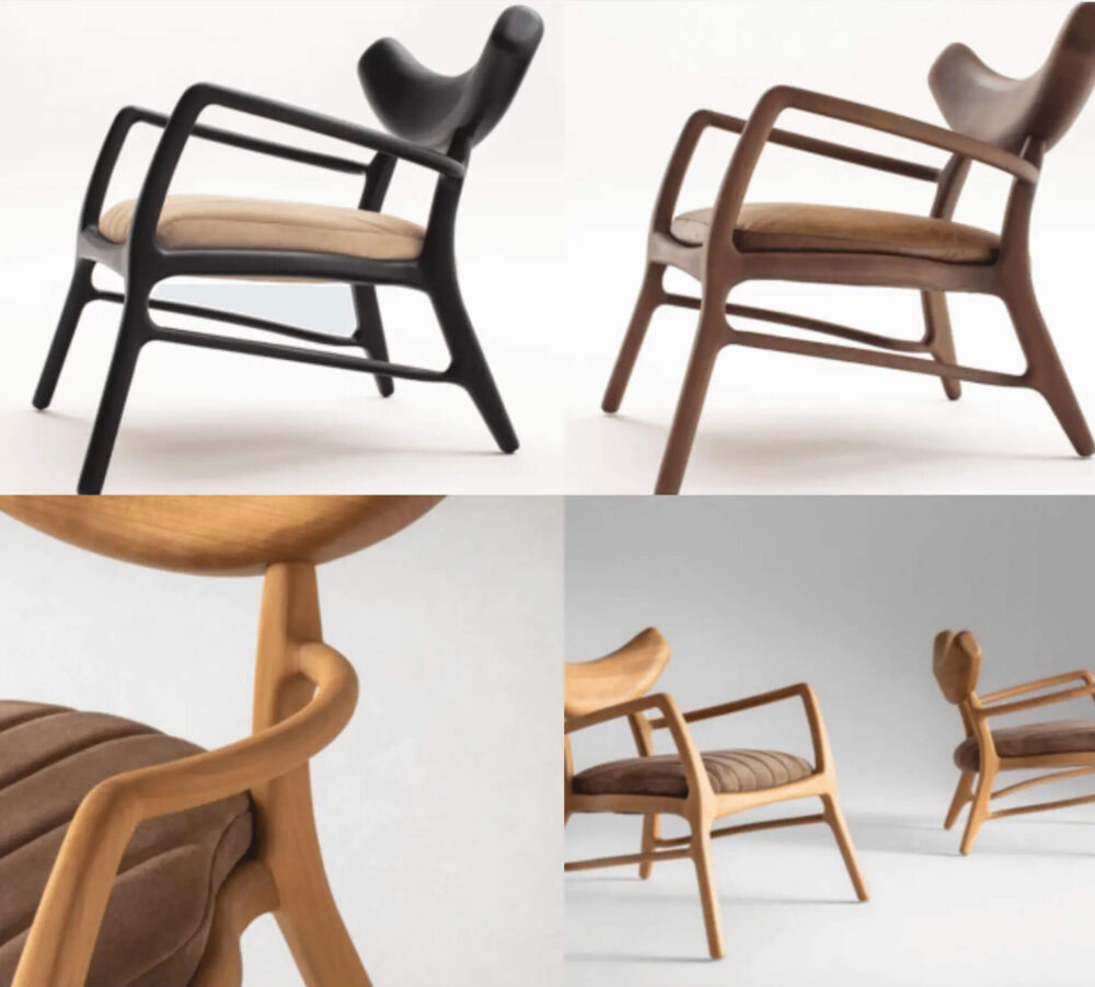 Gallery of 4 images of individual wooden chairs with thing seat cushions in neutral colors shown from different angles.