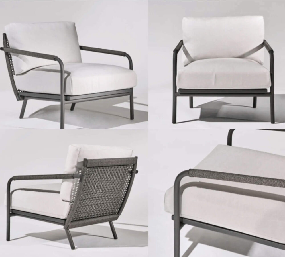 Gallery of 4 images featuring different angles of grey rope wrapped chair with plush white cushions.