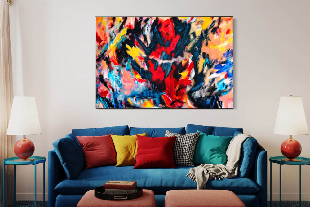 Large colorful abstract wall art painting hangs above couch in eclectic living room