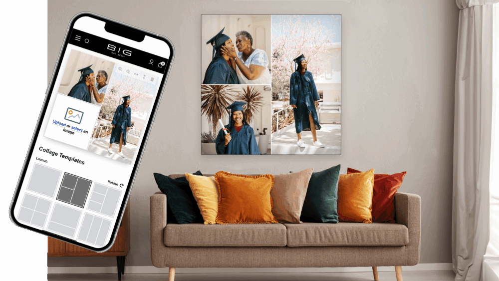 Insight into how custom collage poster hanging above couch in living room was designed, as seen on the phone showing BIG Wall Decor's custom photo collage makers.