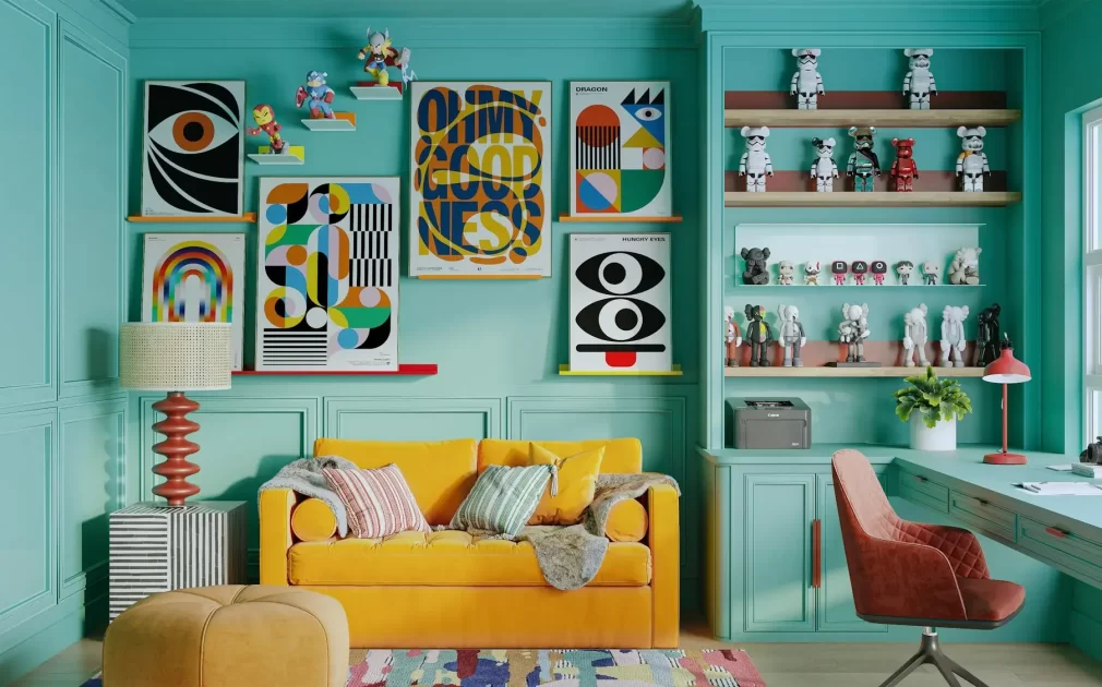 aqua modern maximalist office with yellow couch