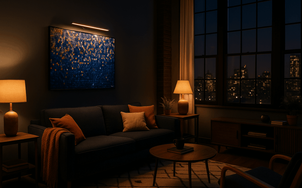 dim nyc apartment arm lighting art on wall