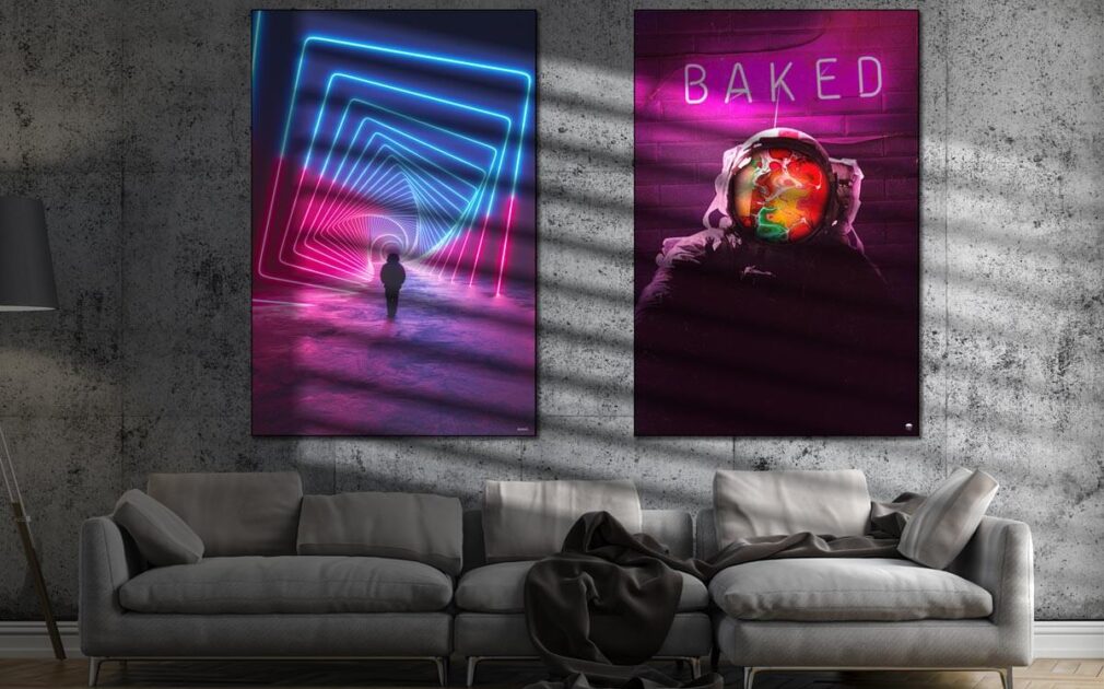Two trippy wall art pieces over a couch