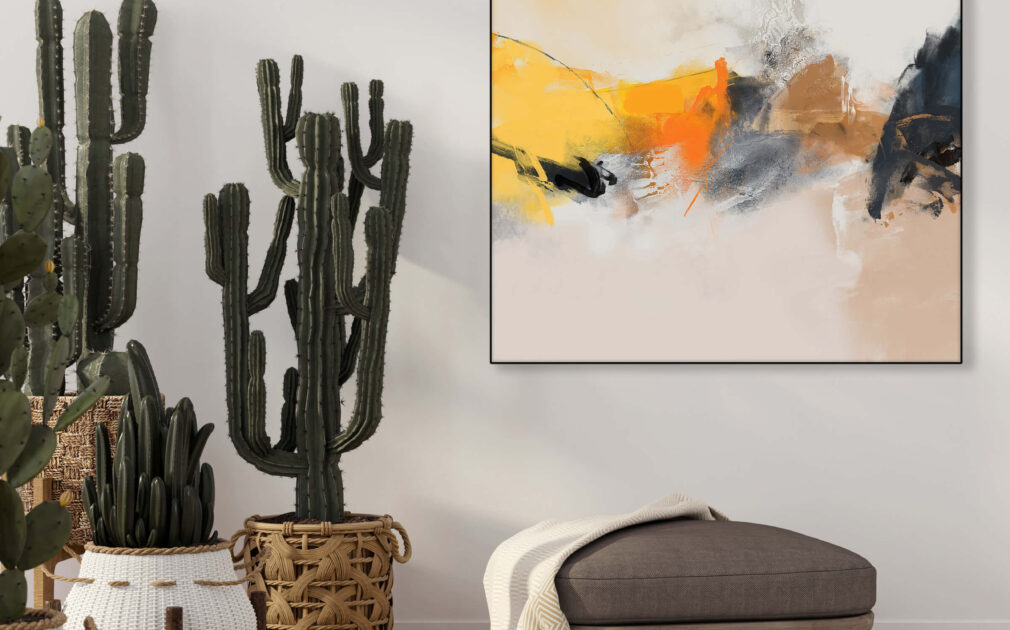 Oversized yellow and tan abstract boho artwork for your living room