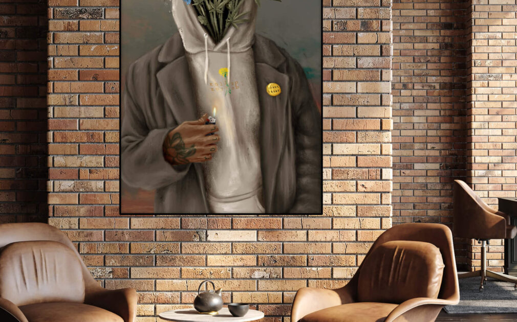 Oversized painting of Black man in gray hoodie and green blazer with wildflowers instead of a face hangs on brick wall in modern apartment living room