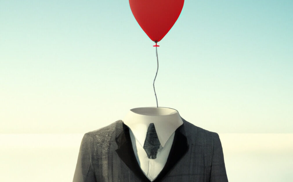 Surreal Image Generated by AI of Man's Torso in Black Pinstripe Suit with a Red Balloon Instead of a Head and a light blue sky background